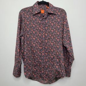 Hugo Boss Top Long Sleeve Button-Down Collar Distressed Floral Brown Pink Small
